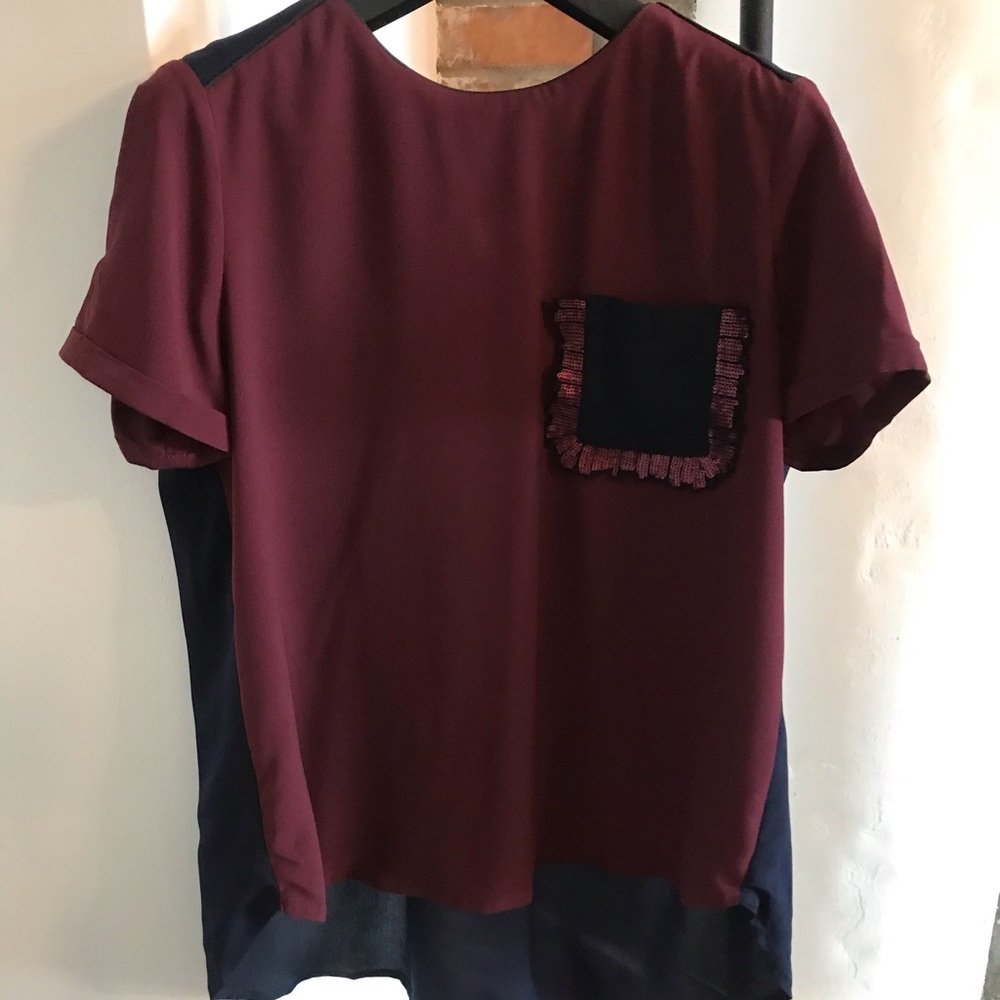 Short sleeve high low blouse sequins burgundy BNWT